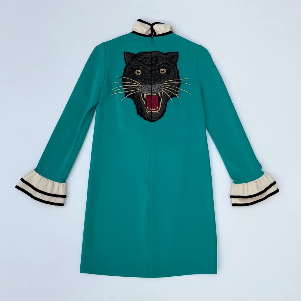 GUCCI Panther embroidered turquoise ruffled mini dress S